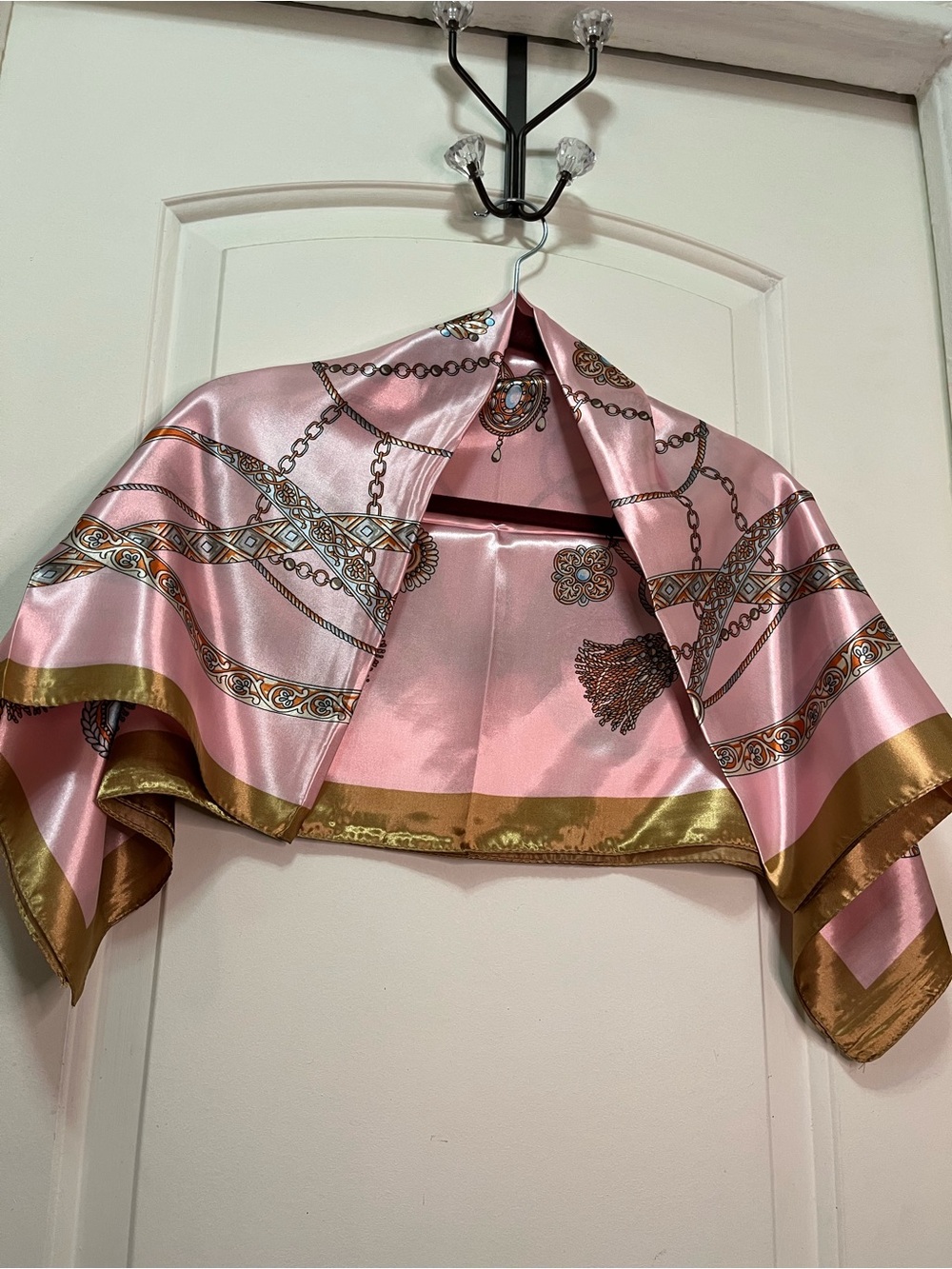 NWOT Pink and Gold Satin Scarf with Chain Print 34x35 inches